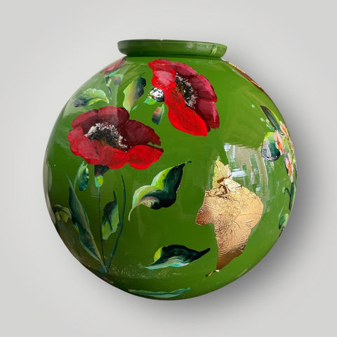 groot huisje | Groen bloemen klaprozen roodborst |