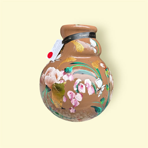 Het vaasje | Witte en roze bloemen bruin |