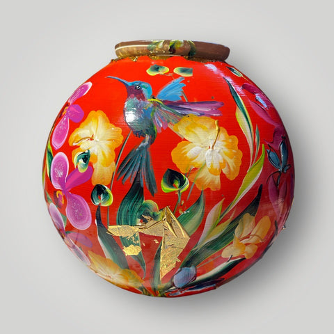 groot huisje | Rood met vogels en oriëntaalse bloemen |