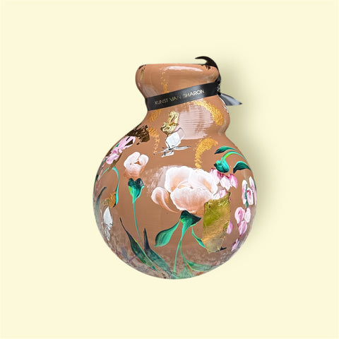 Het vaasje | Witte en roze bloemen bruin |