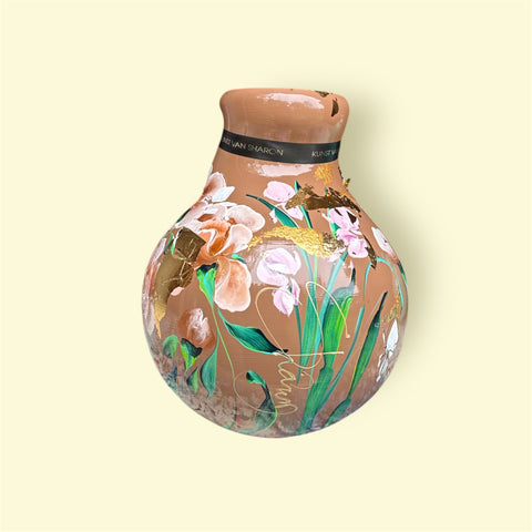 Het vaasje | Witte en roze bloemen bruin |